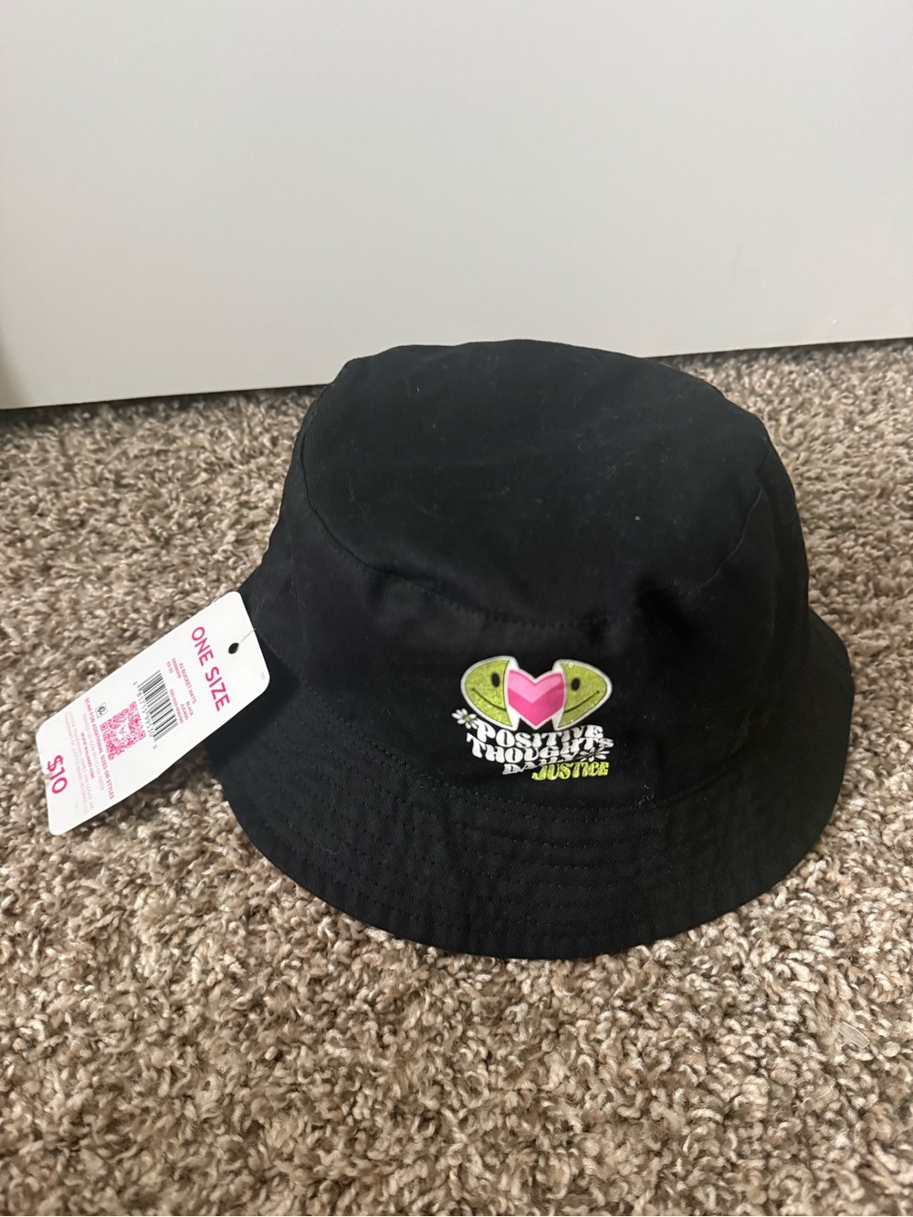 Justice Black Bucket Hat with Smiley Face Heart Patch